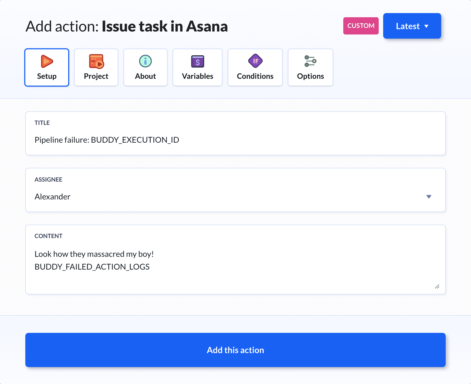 A custom action issuing tasks in Asana